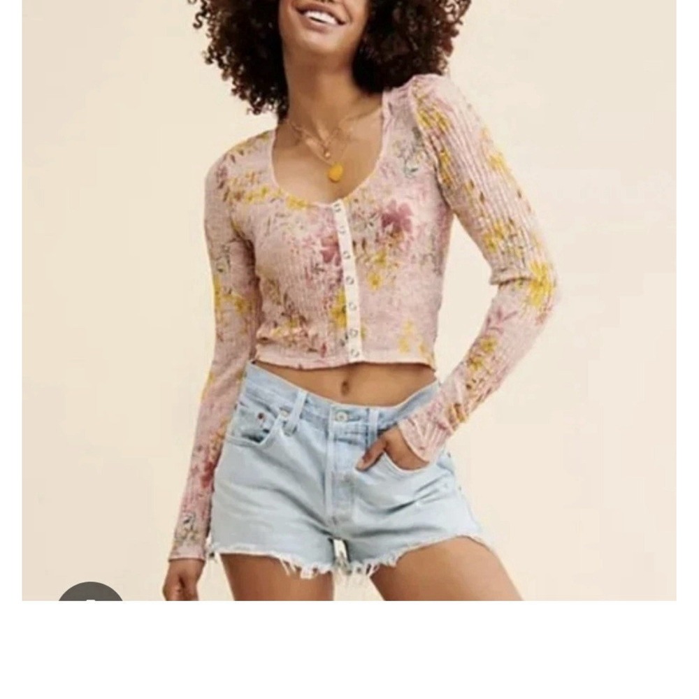 Free People Pink Floral Ribbed Crop Cardigan